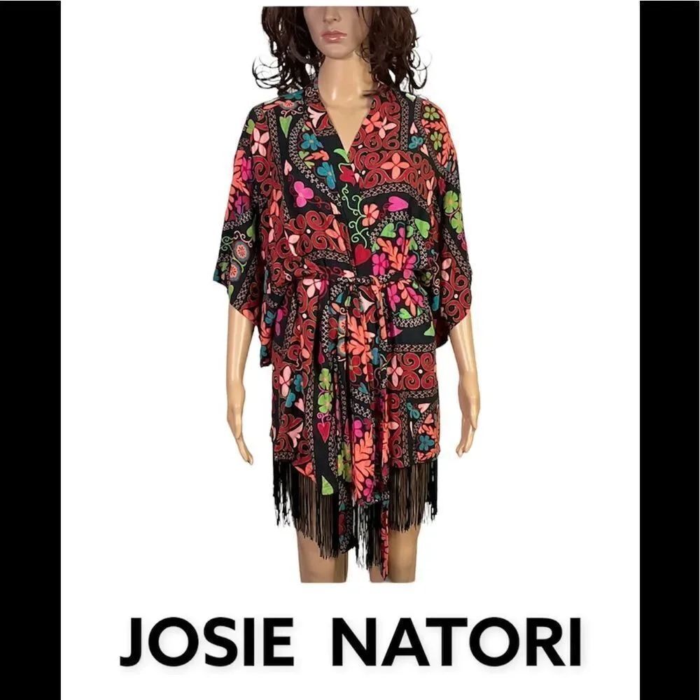 -Josie Natori black print fringe belted short kimono coverup robe XS - Picture 1 of 8